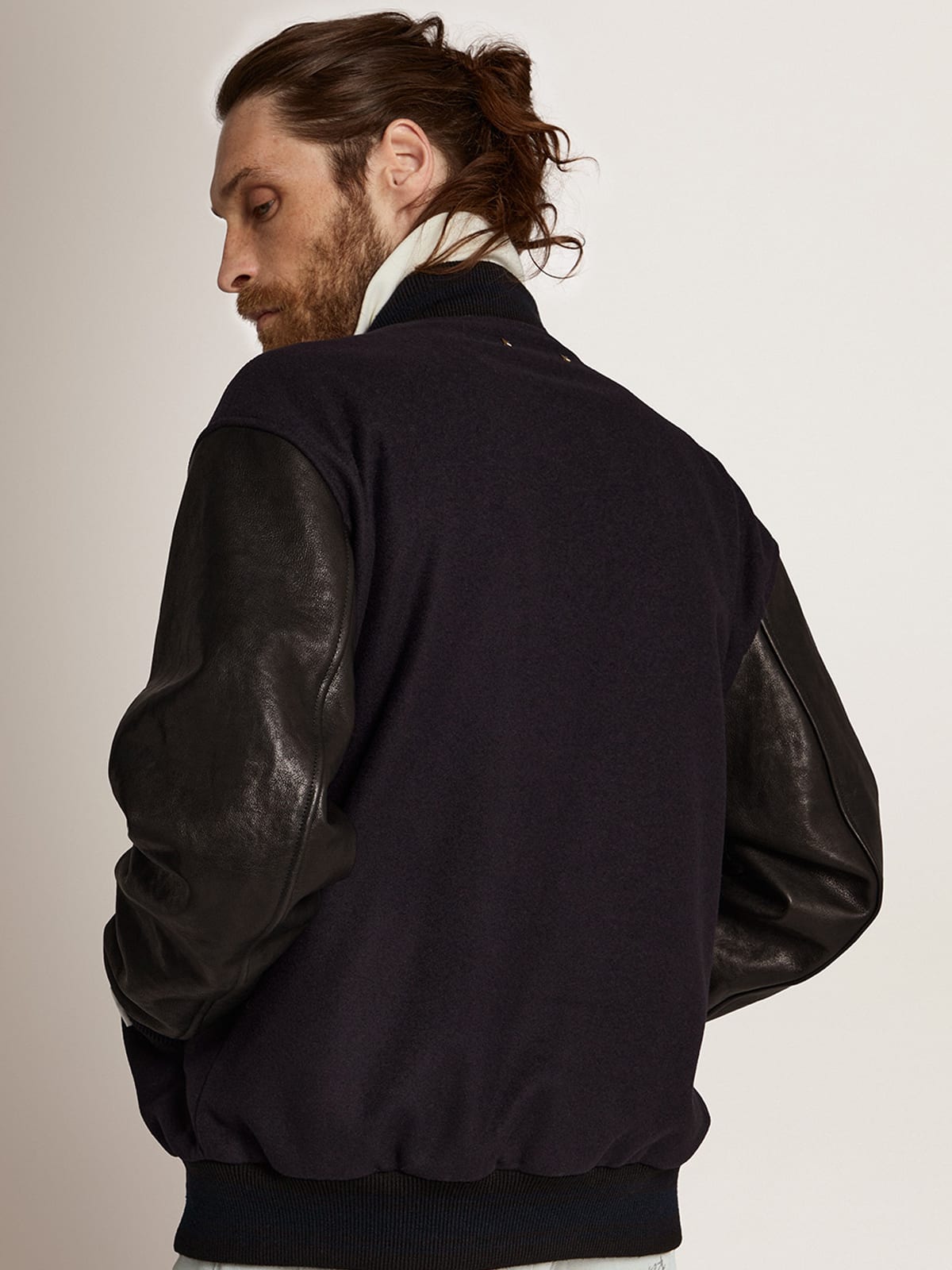 Men's bomber jacker in blue wool and black leather| Golden Goose