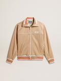 Women's light beige zipped sweatshirt with white logo| Golden Goose