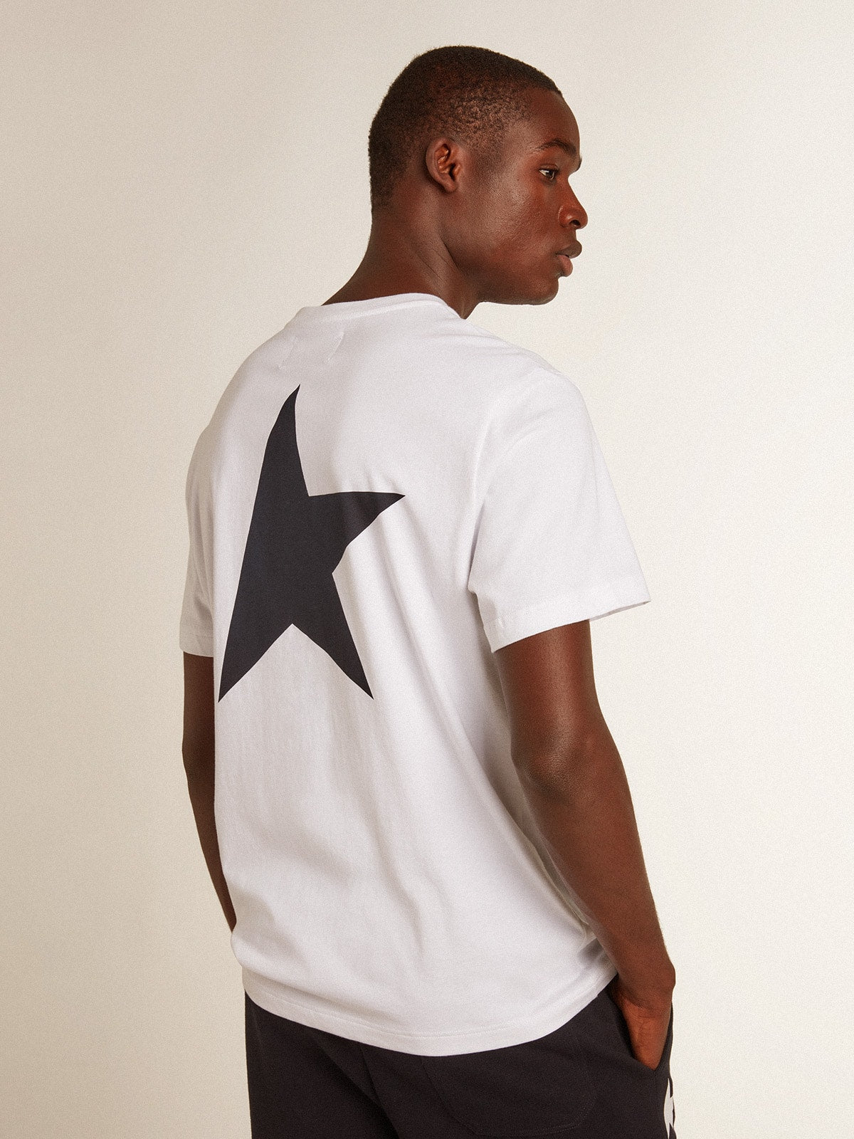 Men's white T-shirt with dark blue star on the back| Golden Goose