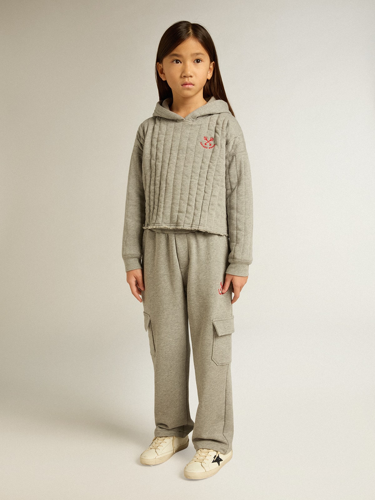 Gray melange cotton cargo joggers with embroidery| Golden Goose