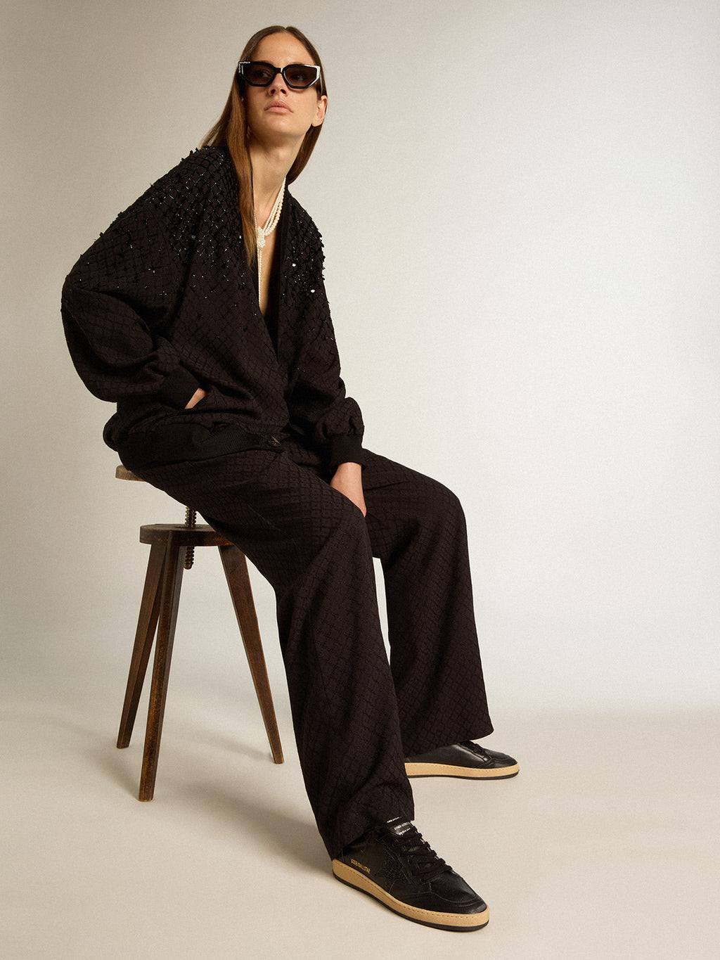 Ball Star in black nappa leather with black glitter star and suede heel tab| Golden Goose