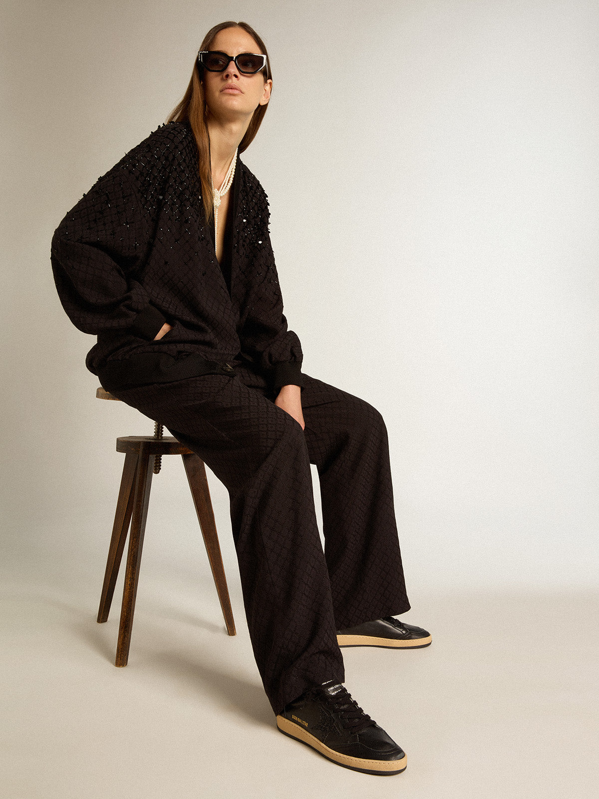 Ball Star in black nappa leather with black glitter star and suede heel tab| Golden Goose