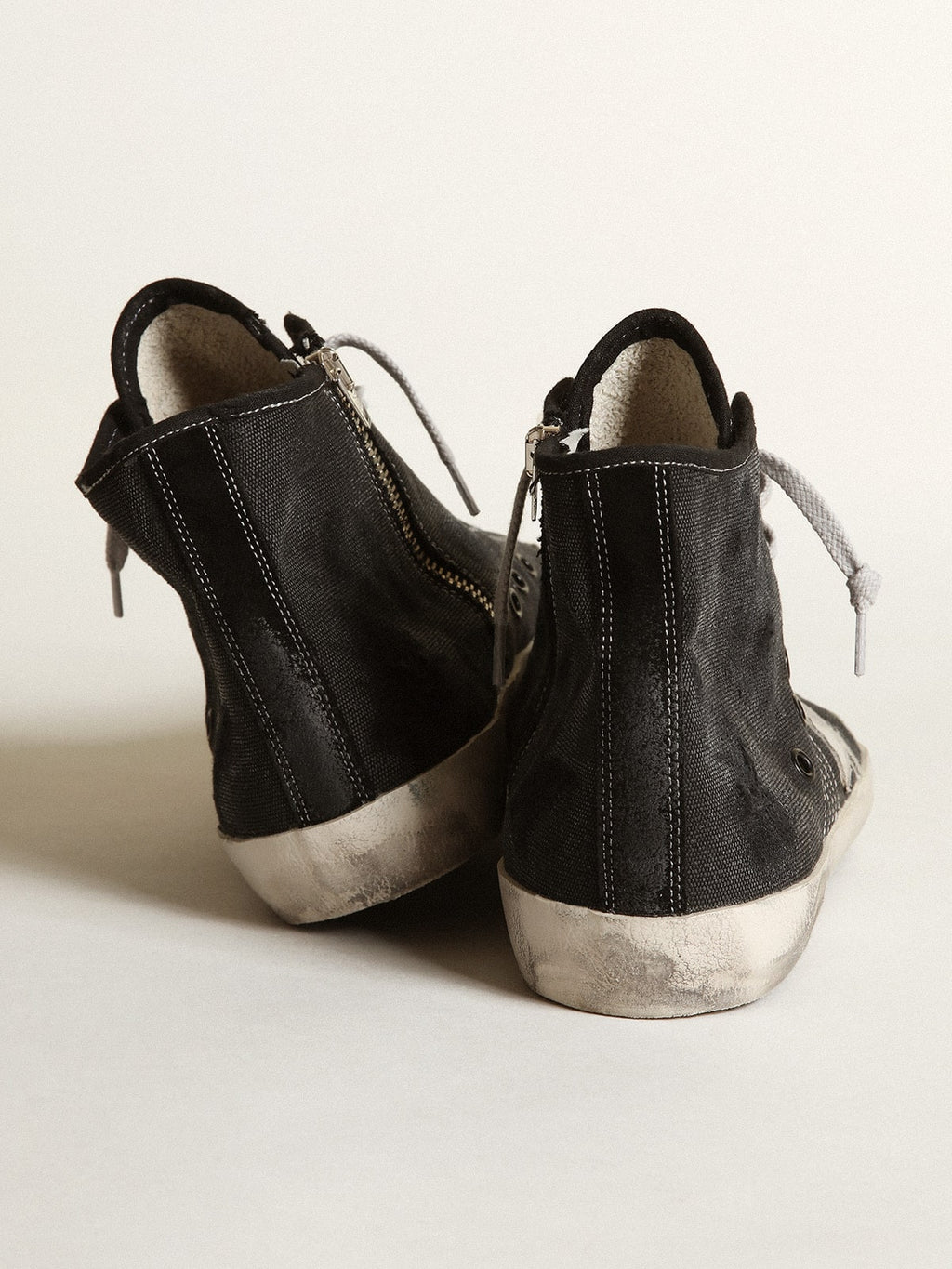 Francy Penstar in black canvas with white suede star and black suede heel tab| Golden Goose