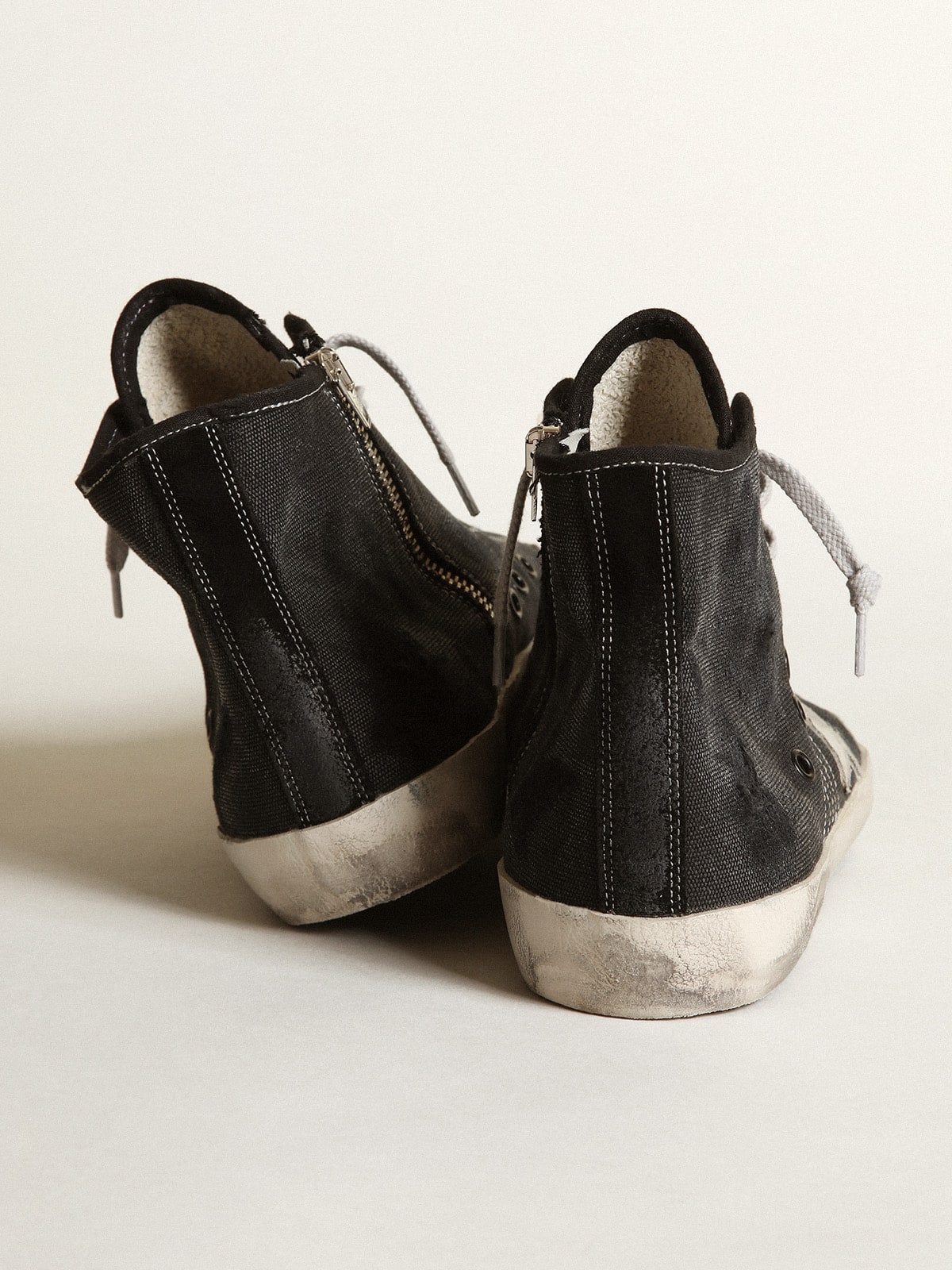 Francy Penstar in black canvas with white suede star and black suede heel tab| Golden Goose