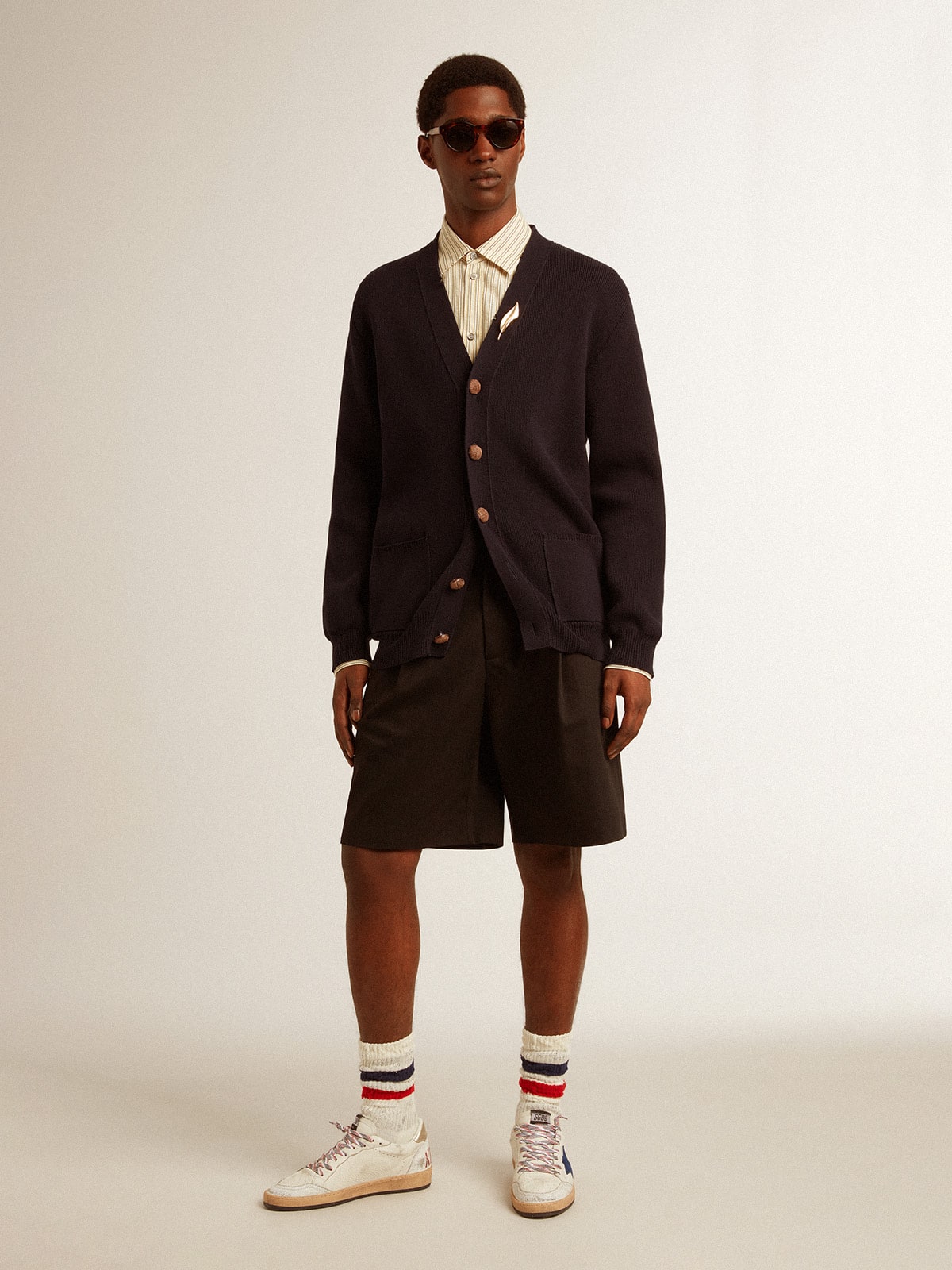 Golden Collection cardigan in dark blue cotton with a distressed finish| Golden Goose