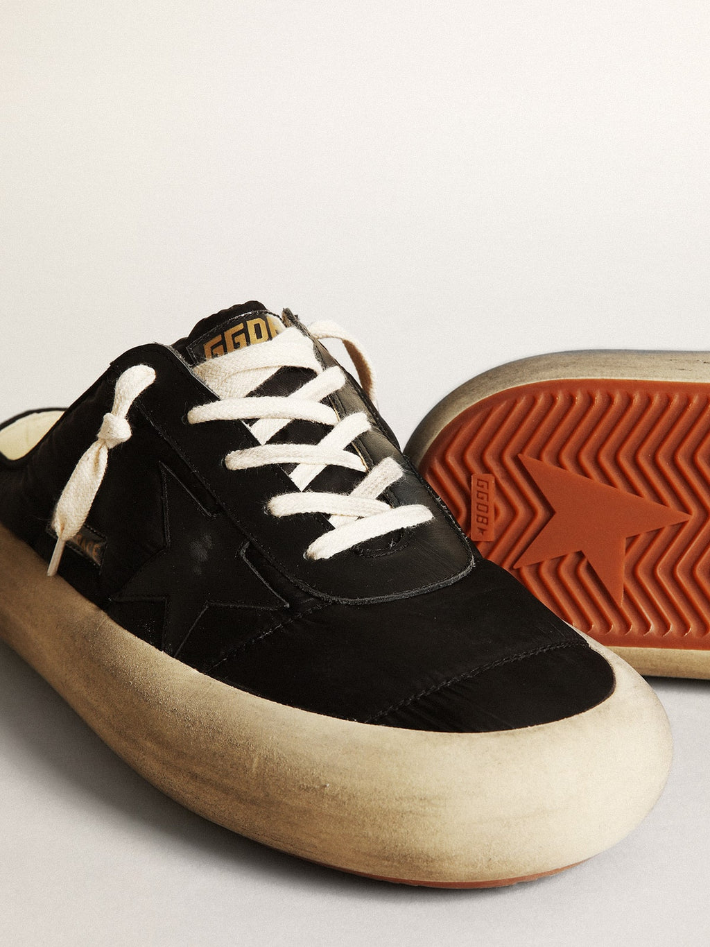 Men's Space-Star Sabots in black nylon with black leather star| Golden Goose