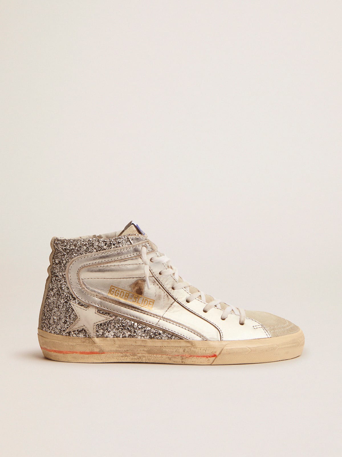 Women's Slide with laminated leather upper and silver glitter| Golden Goose