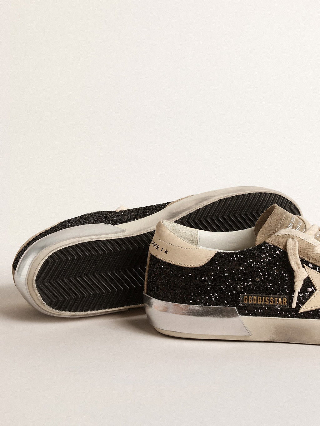 Super-Star in black glitter with cream star and suede inserts| Golden Goose
