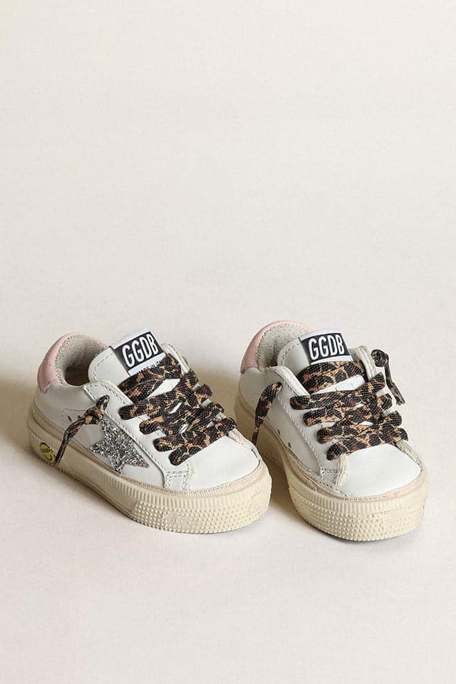 May sneakers with silver glitter star and pink leather heel tab| Golden Goose