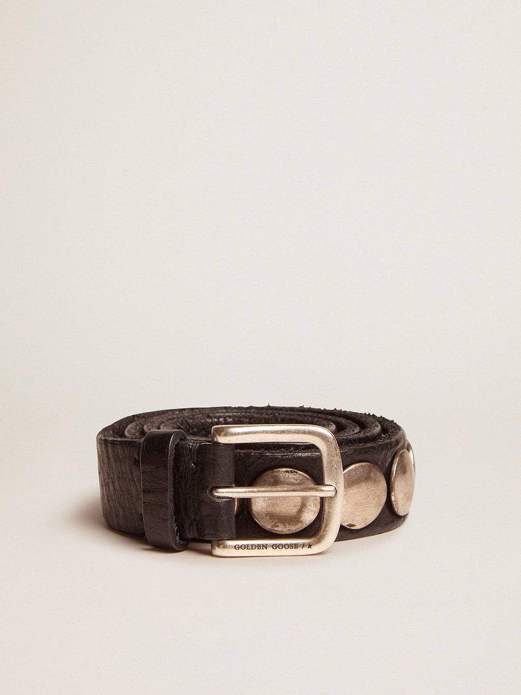 Women's black Trinidad belt in washed leather with silver studs| Golden Goose