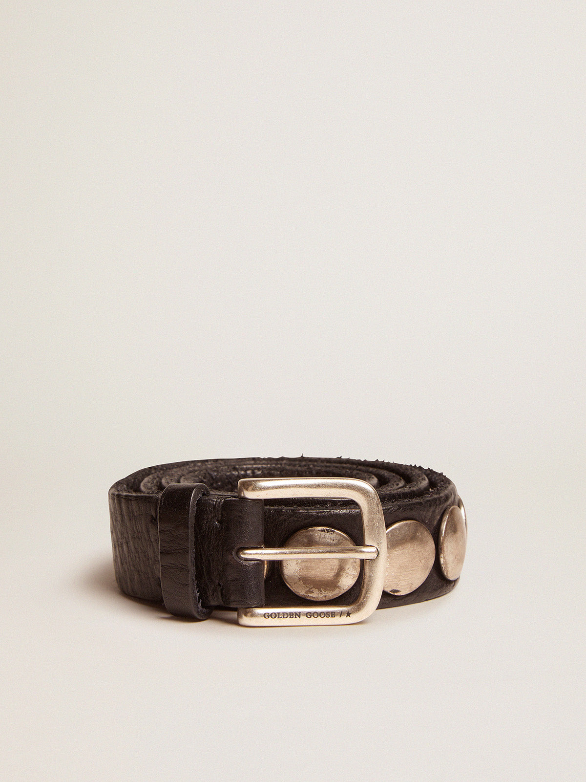 Women's black Trinidad belt in washed leather with silver studs| Golden Goose
