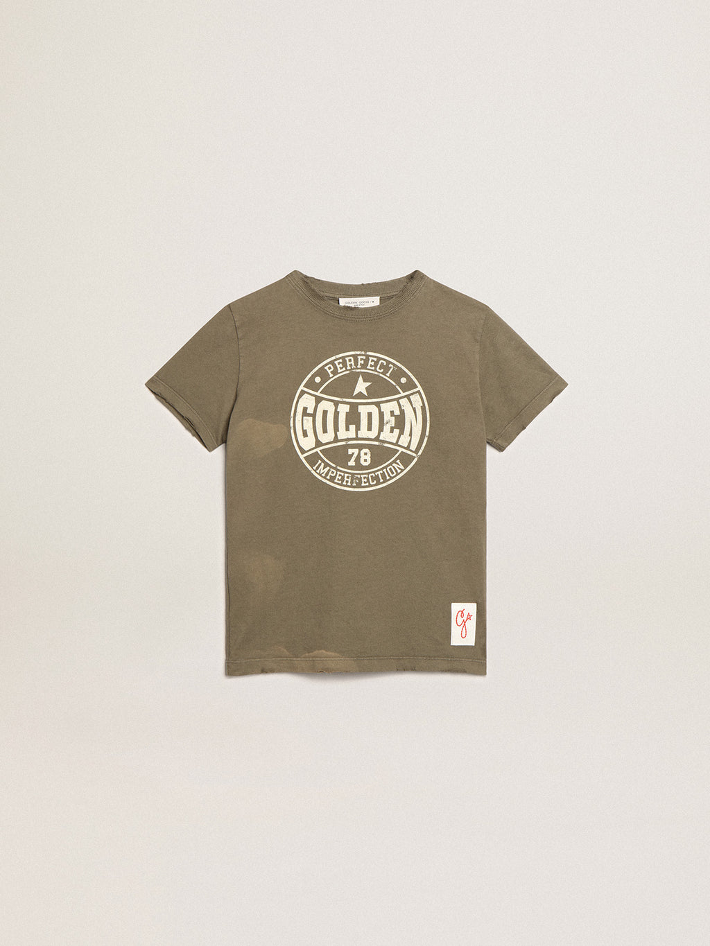 Boys' olive-green T-shirt with printed white logo in the center| Golden Goose
