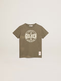 Boys' olive-green T-shirt with printed white logo in the center| Golden Goose