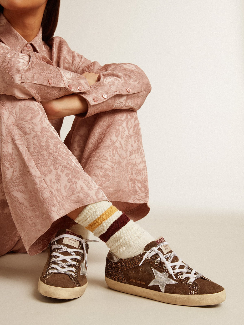 Women's Super-Star LTD in brown glitter and suede with leather star and heel tab| Golden Goose