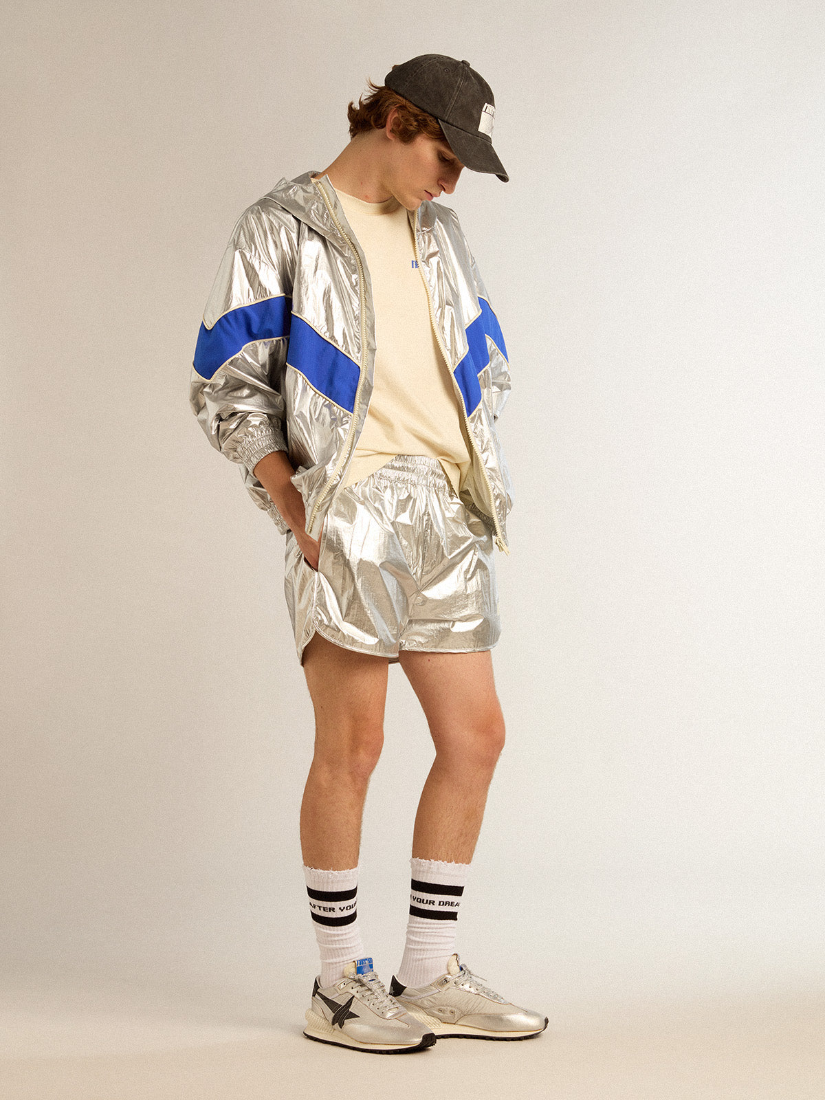 Aged white cotton T-shirt with blue Marathon logo| Golden Goose