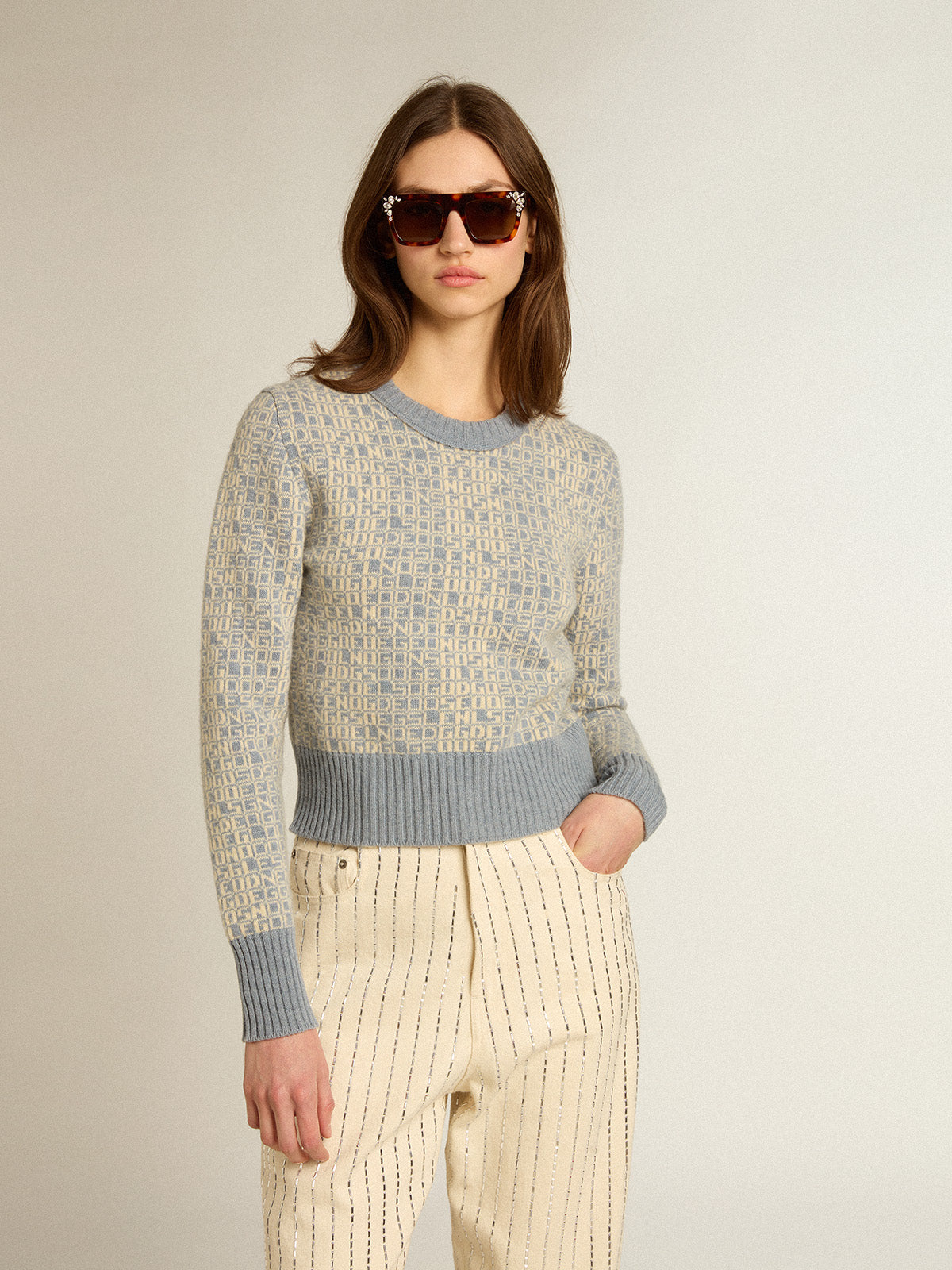 Cropped round-neck sweater with light blue jacquard lettering motif| Golden Goose