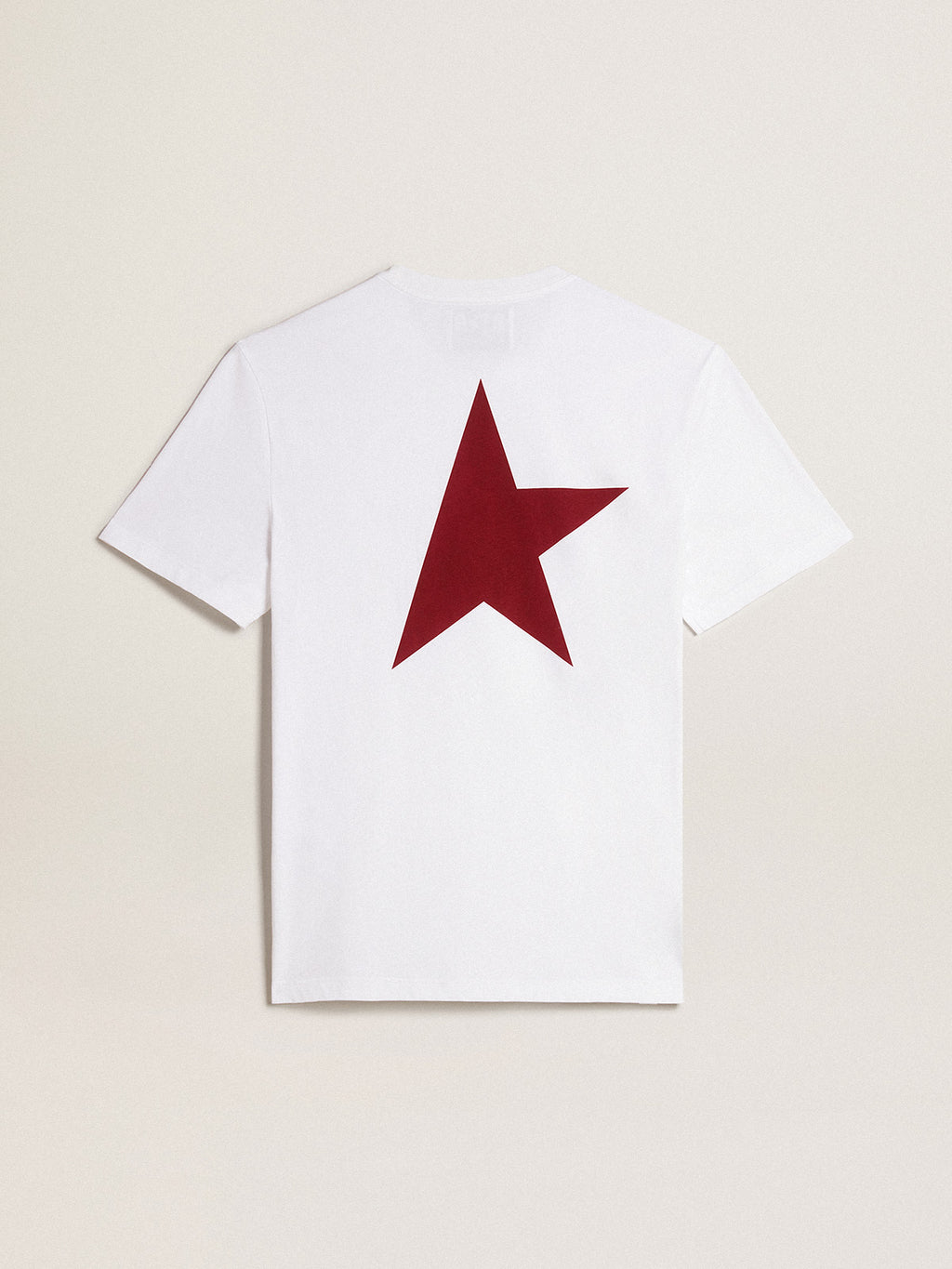 Men's white T-shirt with contrasting burgundy logo and star| Golden Goose