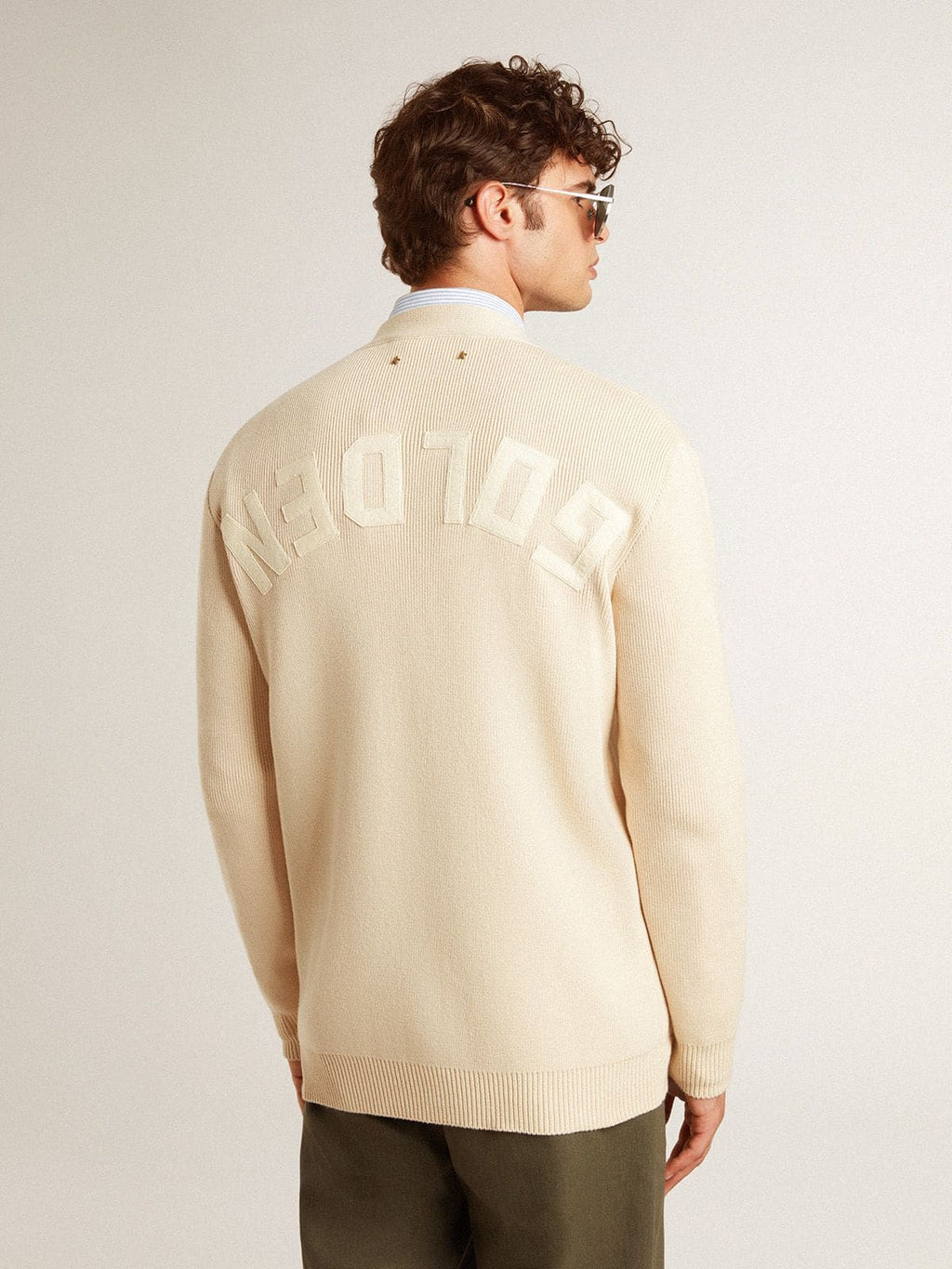 Men's beige cardigan with 'Golden' lettering on the back| Golden Goose