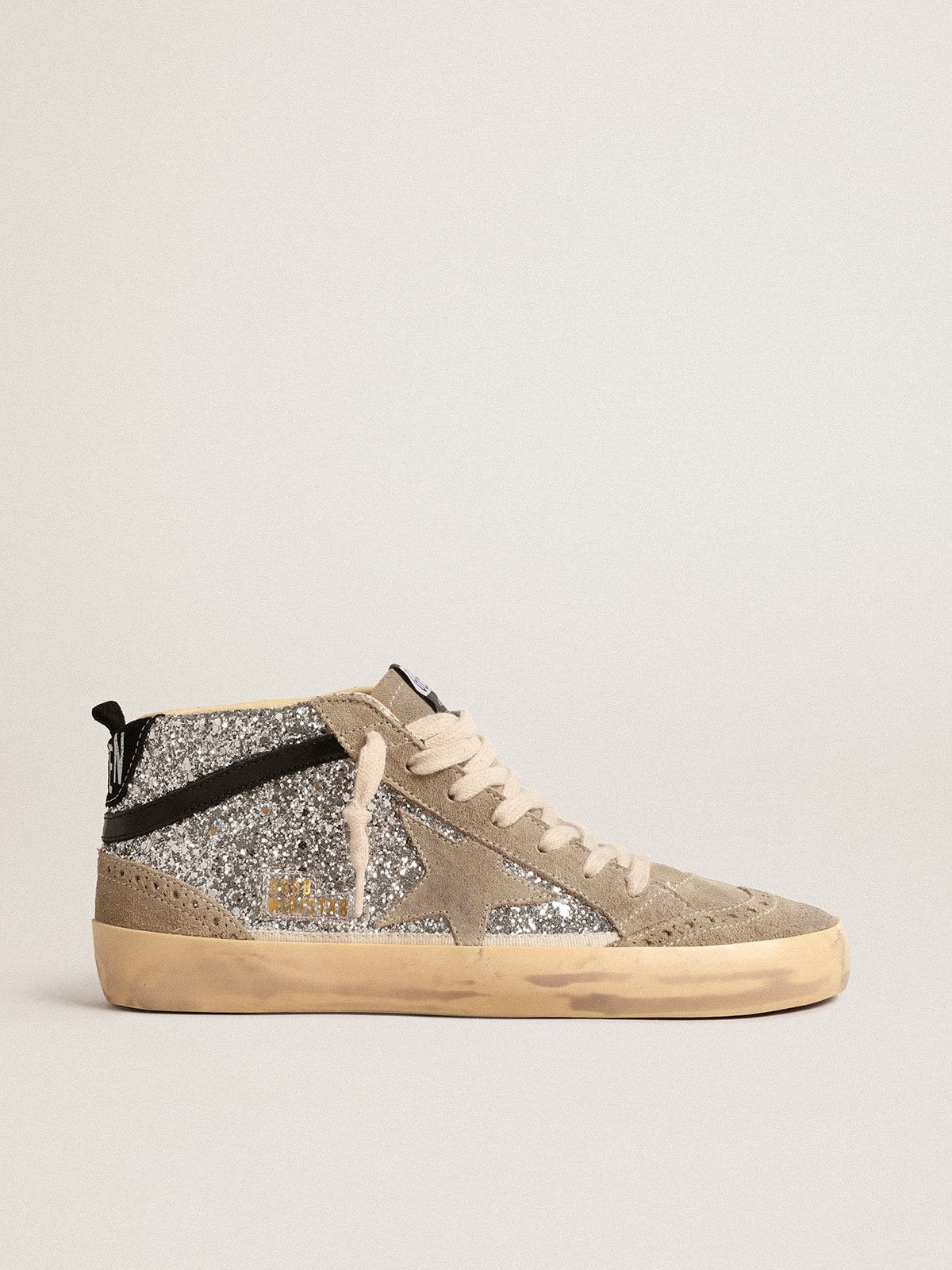 Mid Star in silver glitter with suede star and black flash| Golden Goose