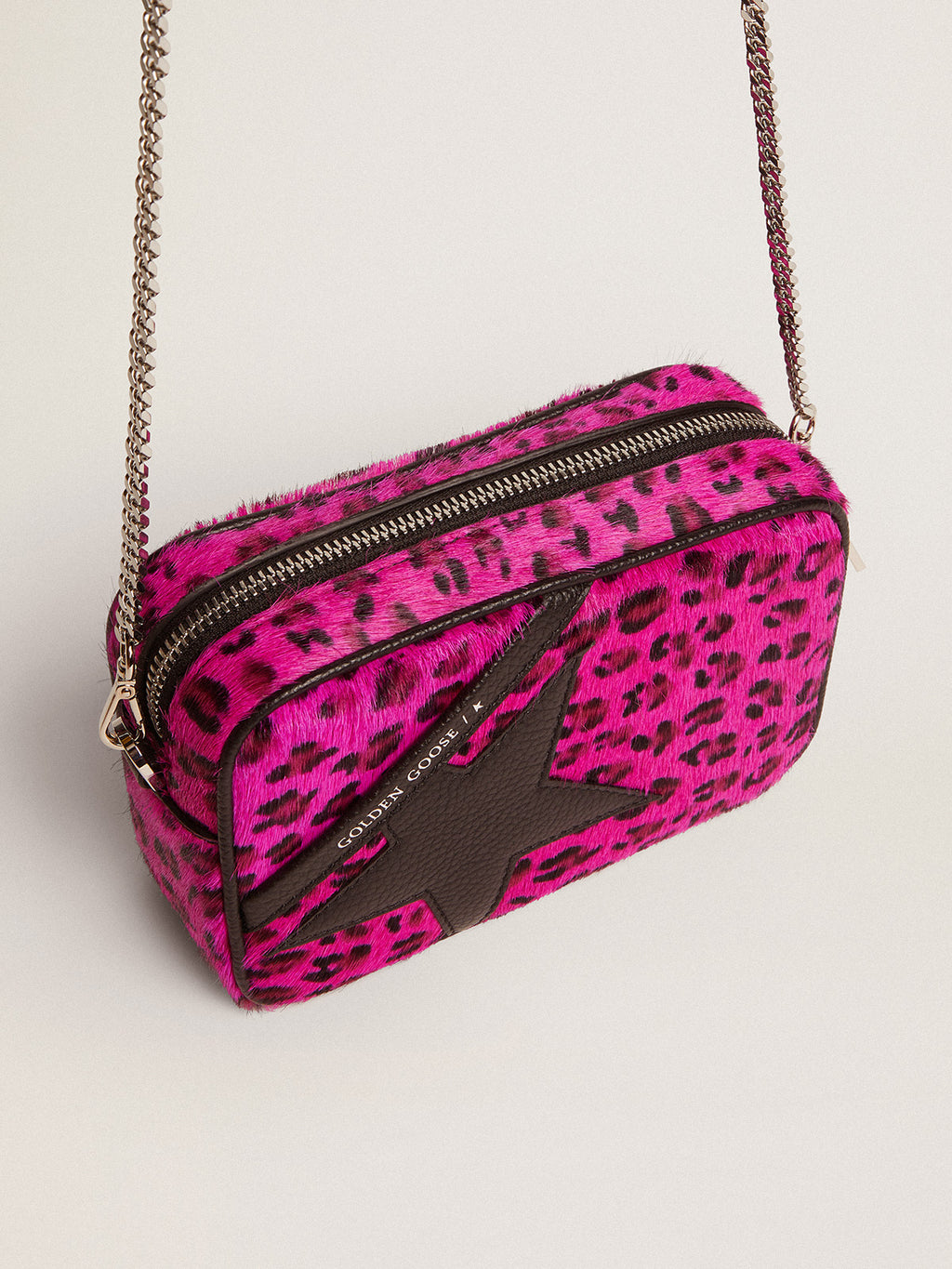 Mini Star Bag in fuchsia leopard-print pony skin with black leather star| Golden Goose