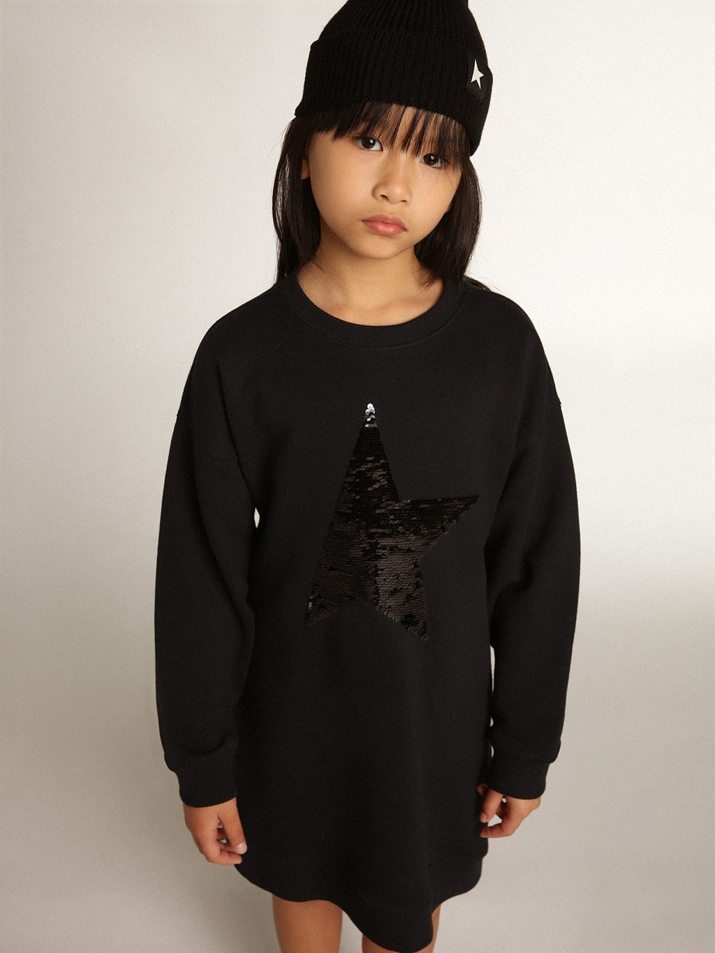 Girls' dark blue sweatshirt dress with sequin star| Golden Goose