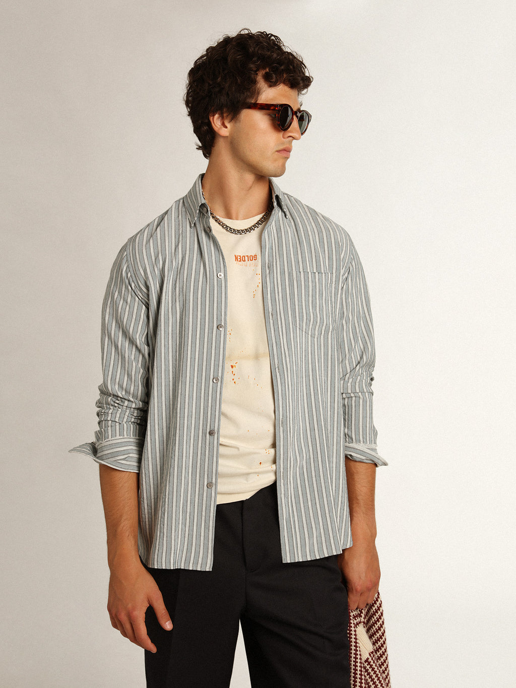 Men's shirt in viscose with stripes| Golden Goose