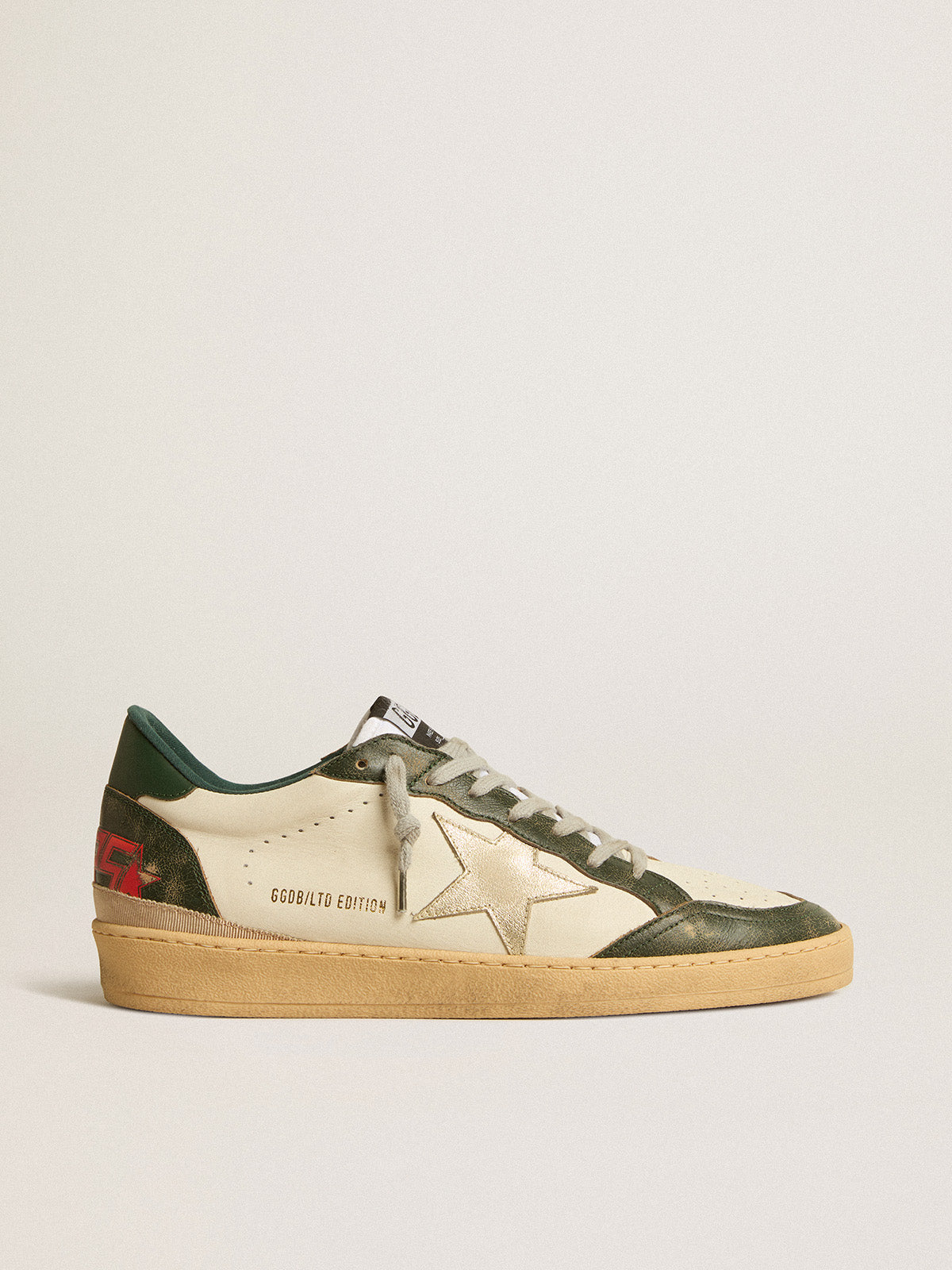 Ball Star LTD with platinum leather star and green leather heel tab| Golden Goose