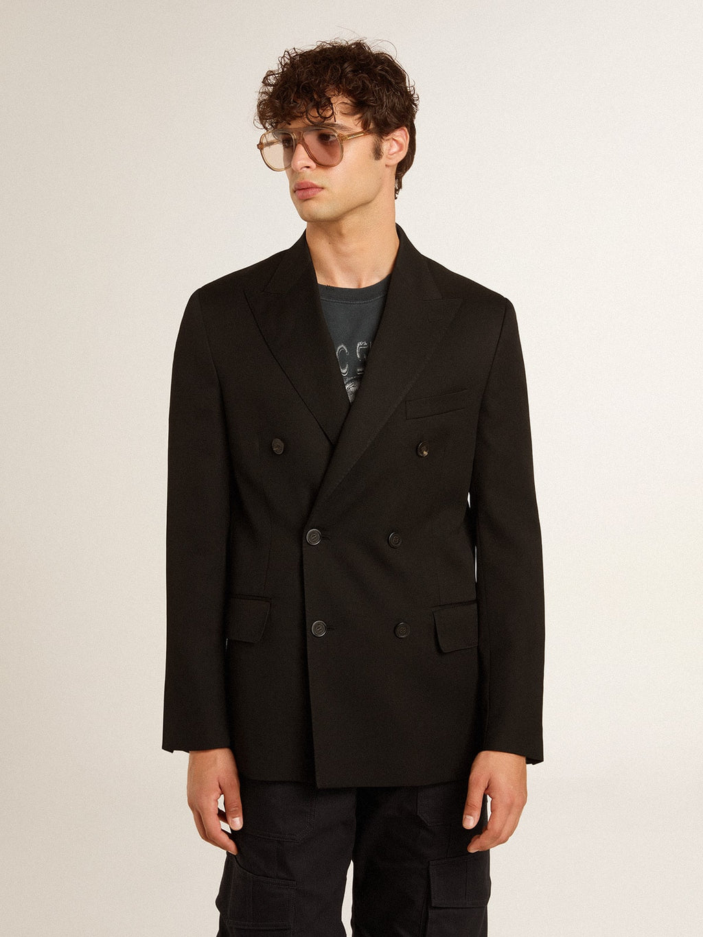 Men's black double-breasted blazer with button fastening| Golden Goose