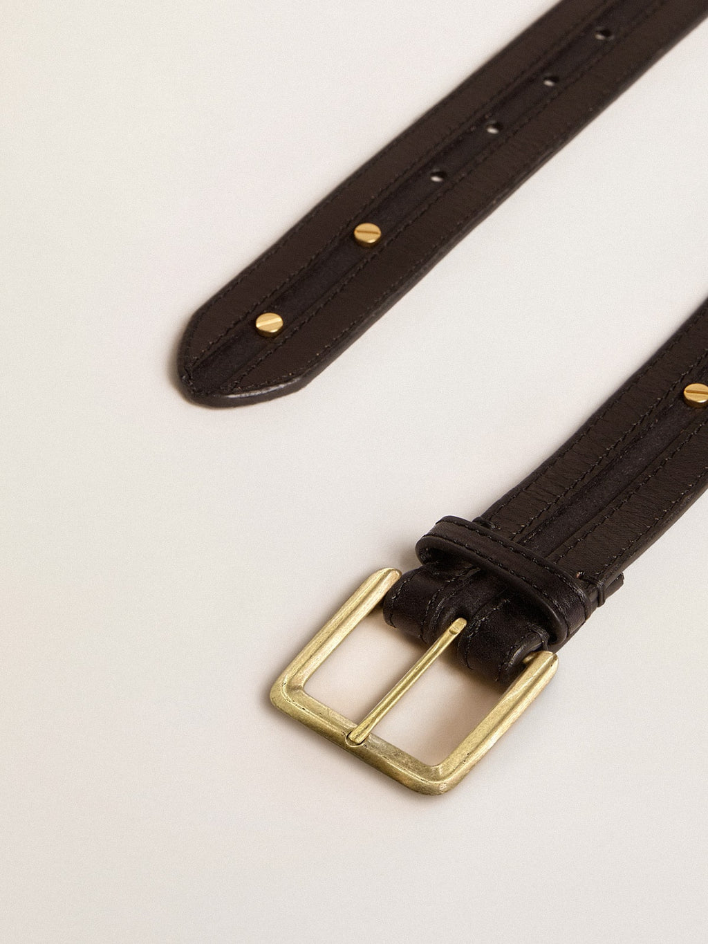 Women's black belt in washed leather with gold studs| Golden Goose