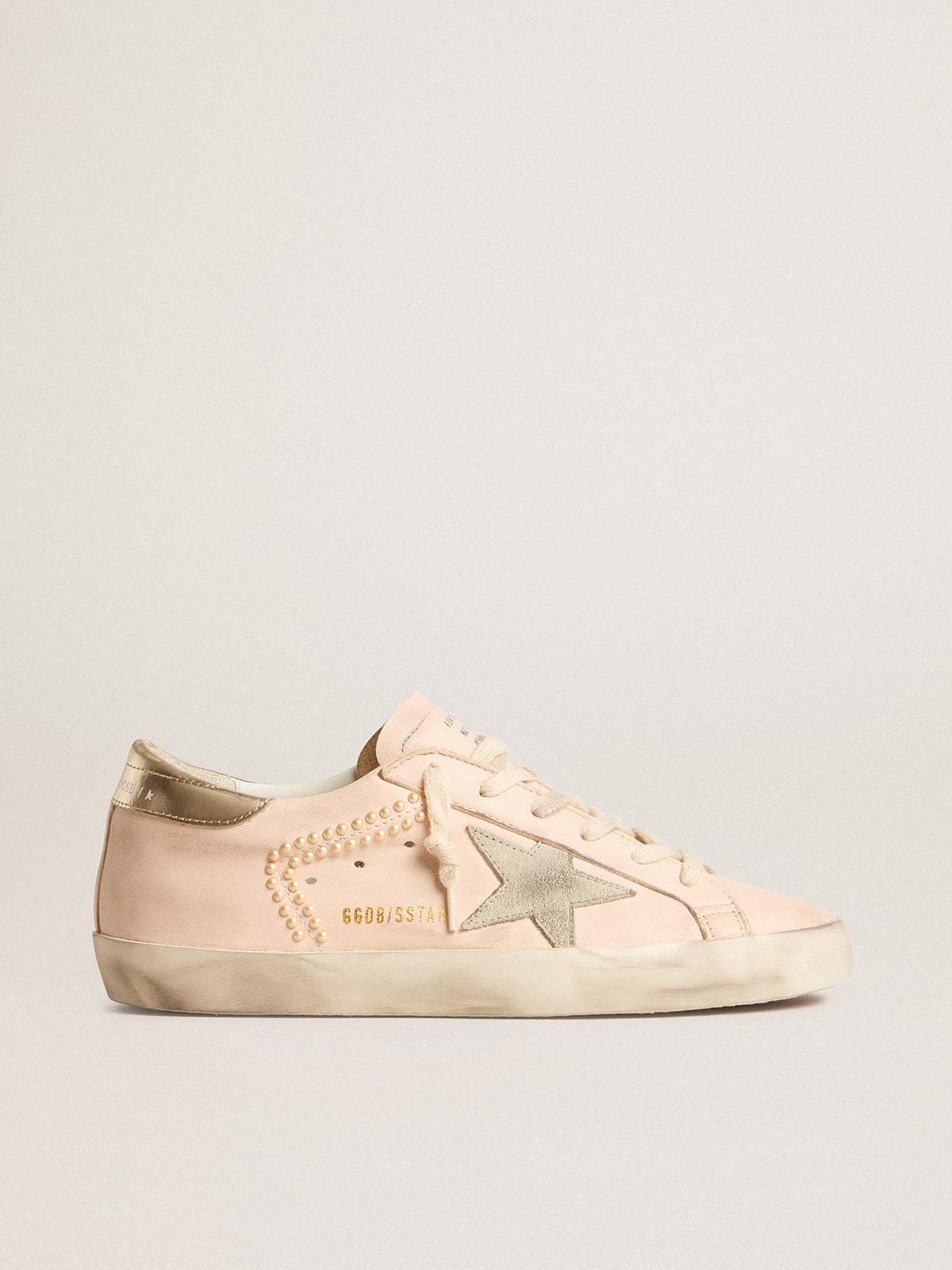 Women's Super-Star in pink nappa with ice-gray star and platinum heel tab| Golden Goose