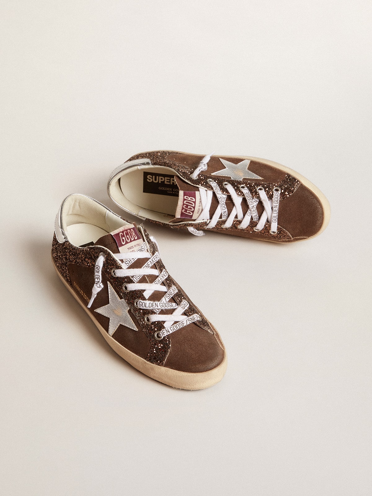 Women's Super-Star LTD in brown glitter and suede with leather star and heel tab| Golden Goose