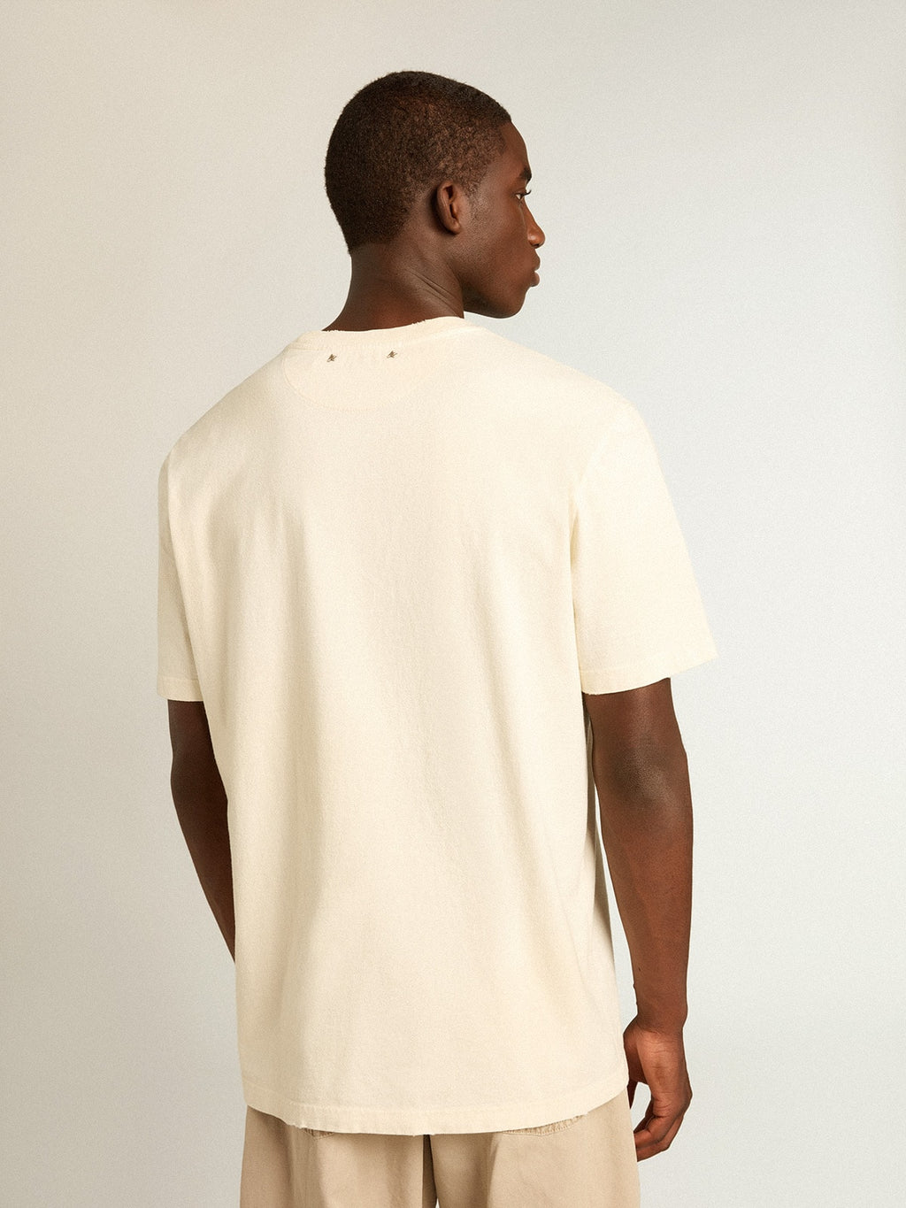 Men's aged white cotton T-shirt with print on the front| Golden Goose