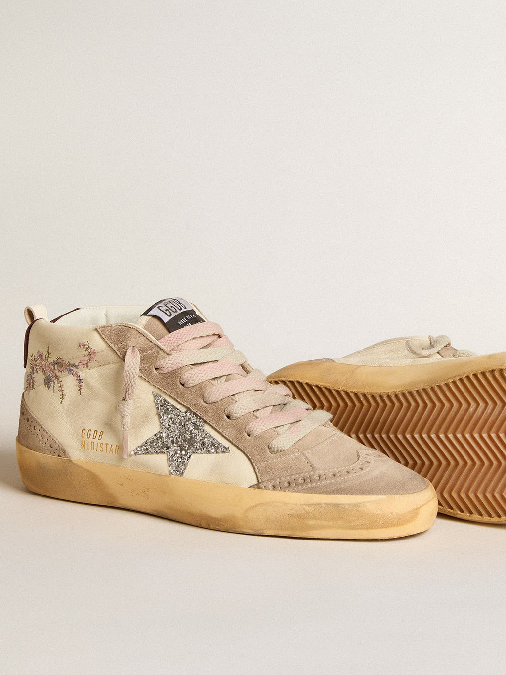 Women's Mid Star in nappa leather with floral embroidery and silver glitter star| Golden Goose