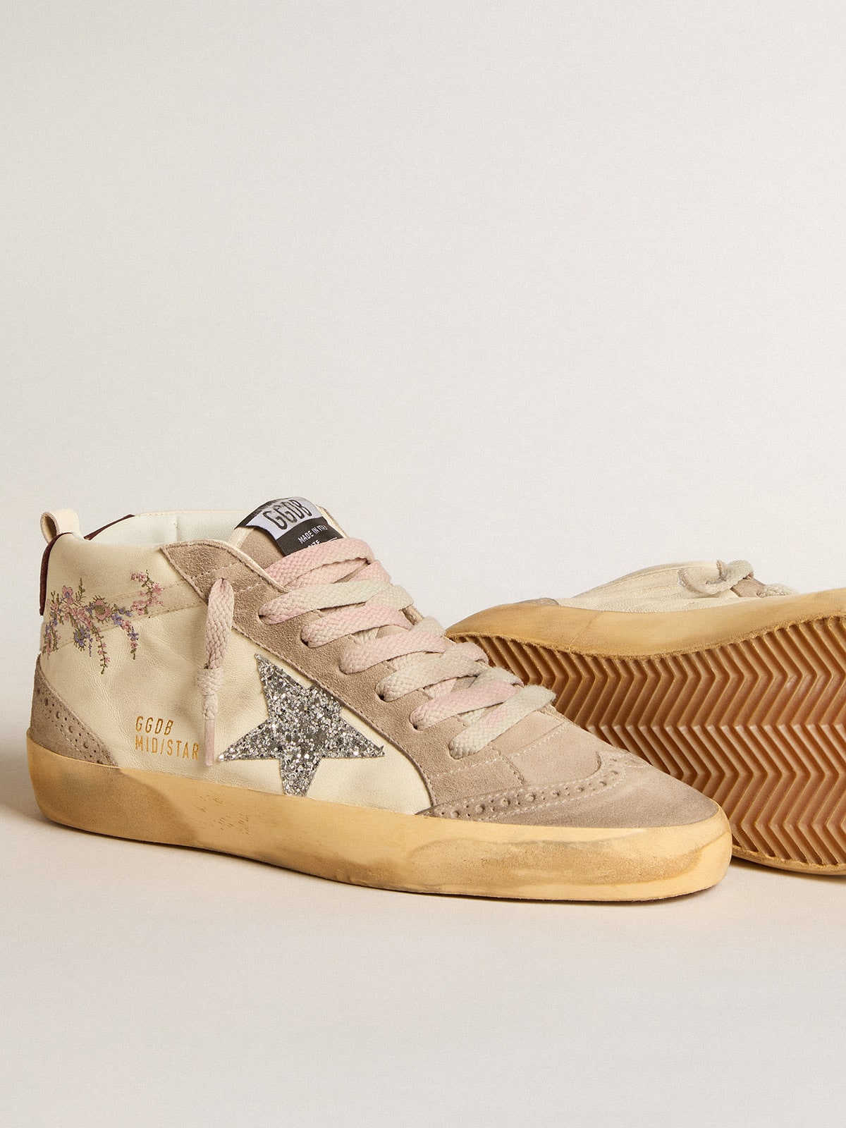 Women's Mid Star in nappa leather with floral embroidery and silver glitter star| Golden Goose