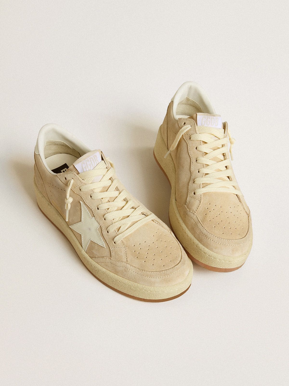 Ball Star 2 in beige suede with white leather star and heel tab| Golden Goose