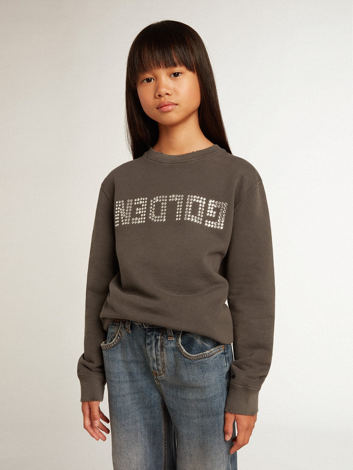 Distressed gray sweatshirt with crystal lettering| Golden Goose