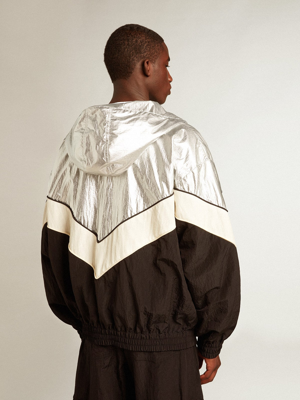 Men's windcheater in silver and black technical fabric| Golden Goose