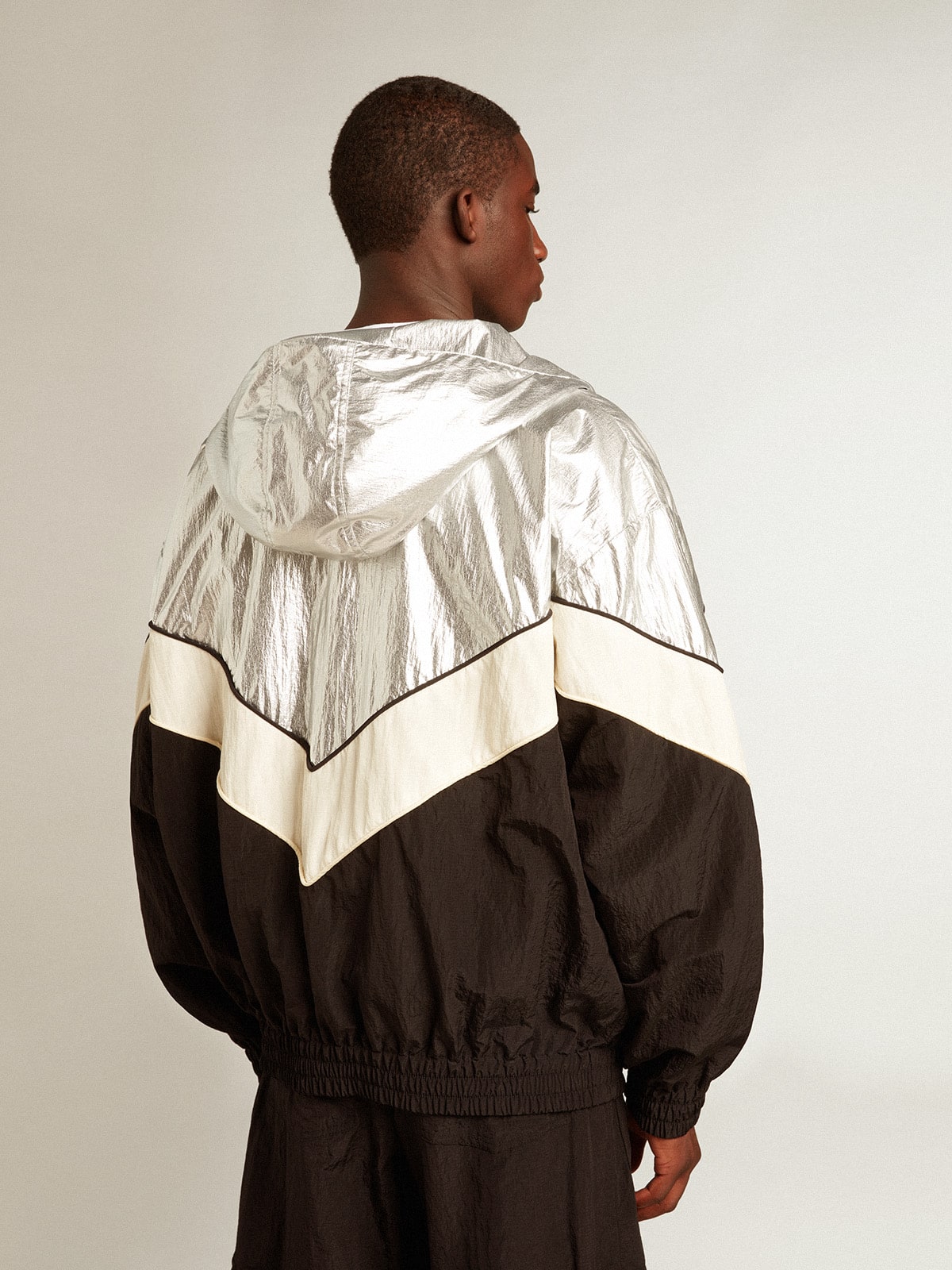 Men's windcheater in silver and black technical fabric| Golden Goose