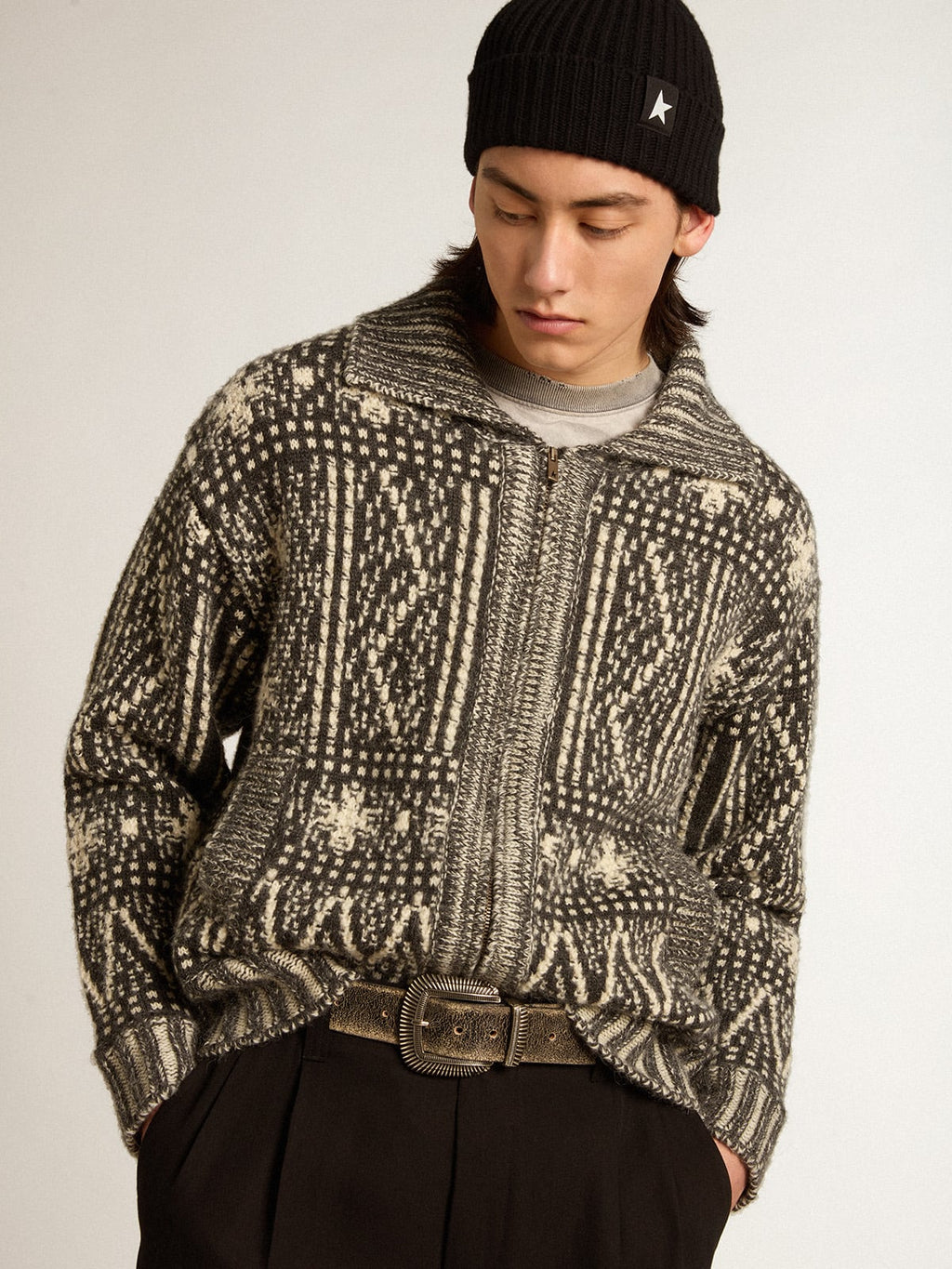 Cardigan with dark gray Fair Isle pattern| Golden Goose