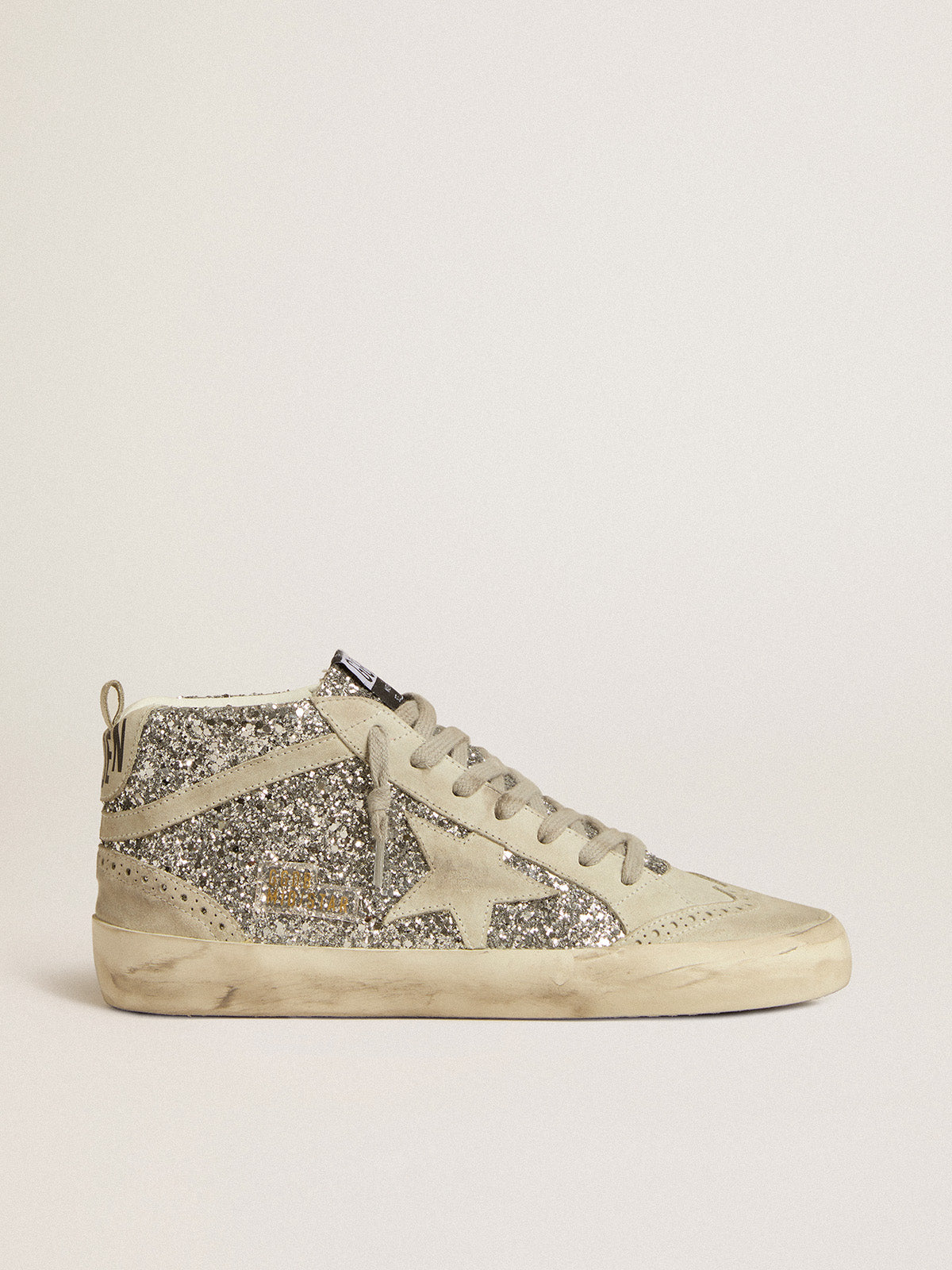 Mid Star in silver glitter with ice-gray suede star and flash| Golden Goose