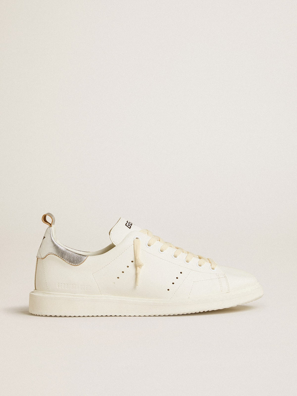Men's Starter in white leather with silver metallic leather heel tab| Golden Goose