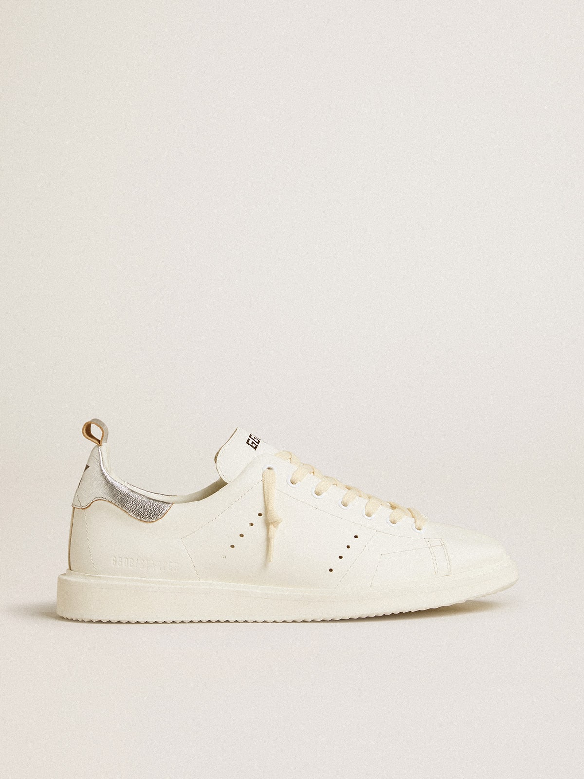 Men's Starter in white leather with silver metallic leather heel tab| Golden Goose