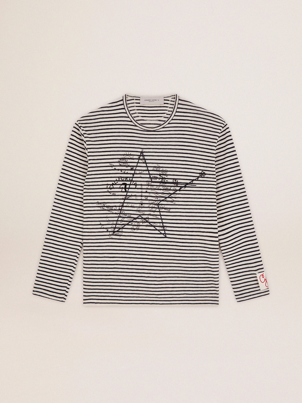 Men's T-shirt with white and blue stripes and embroidery on the front| Golden Goose