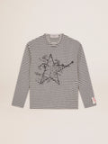 Men's T-shirt with white and blue stripes and embroidery on the front| Golden Goose
