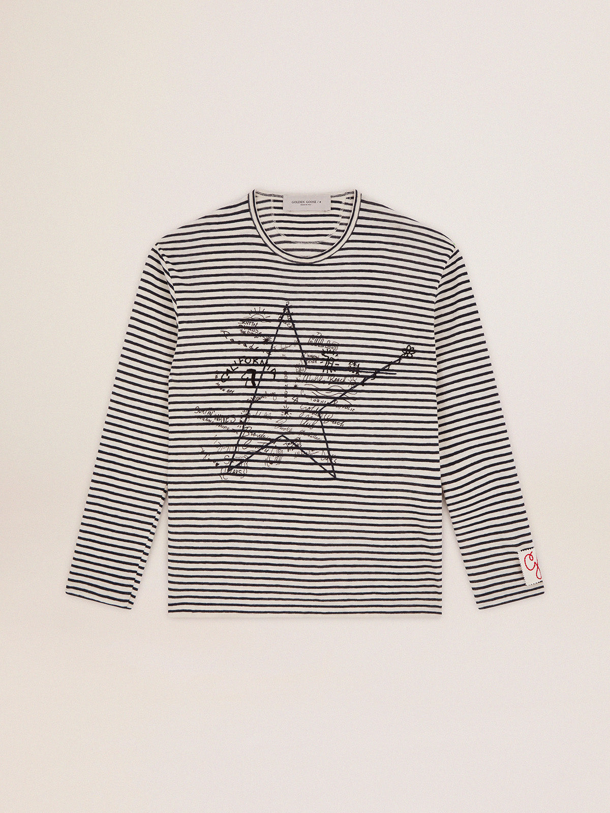 Men's T-shirt with white and blue stripes and embroidery on the front| Golden Goose
