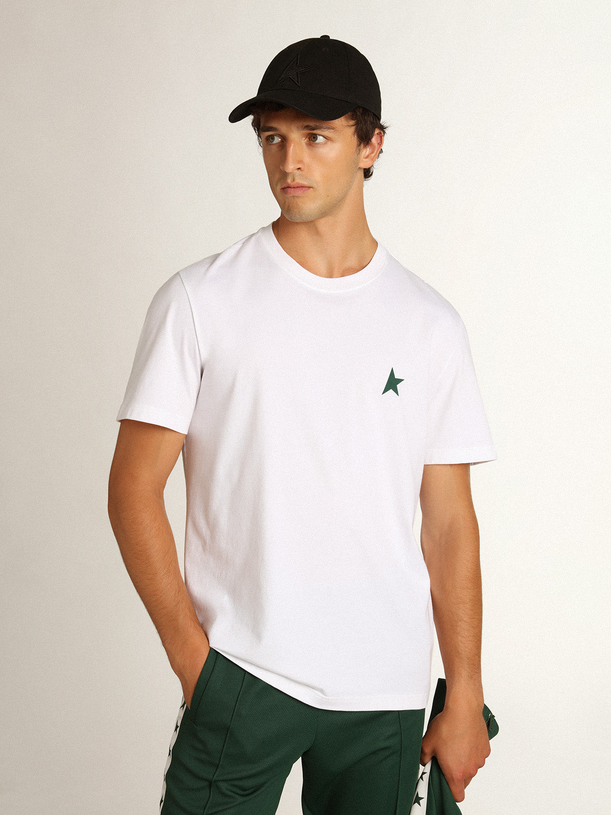 White Star Collection T-shirt with contrasting green star on the front| Golden Goose