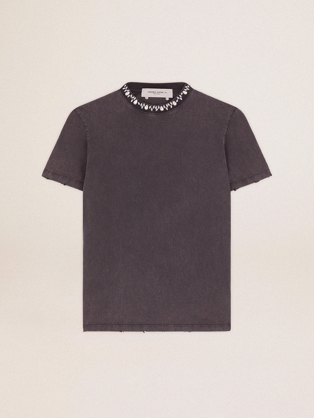 Women's anthracite gray T-shirt with crystals| Golden Goose
