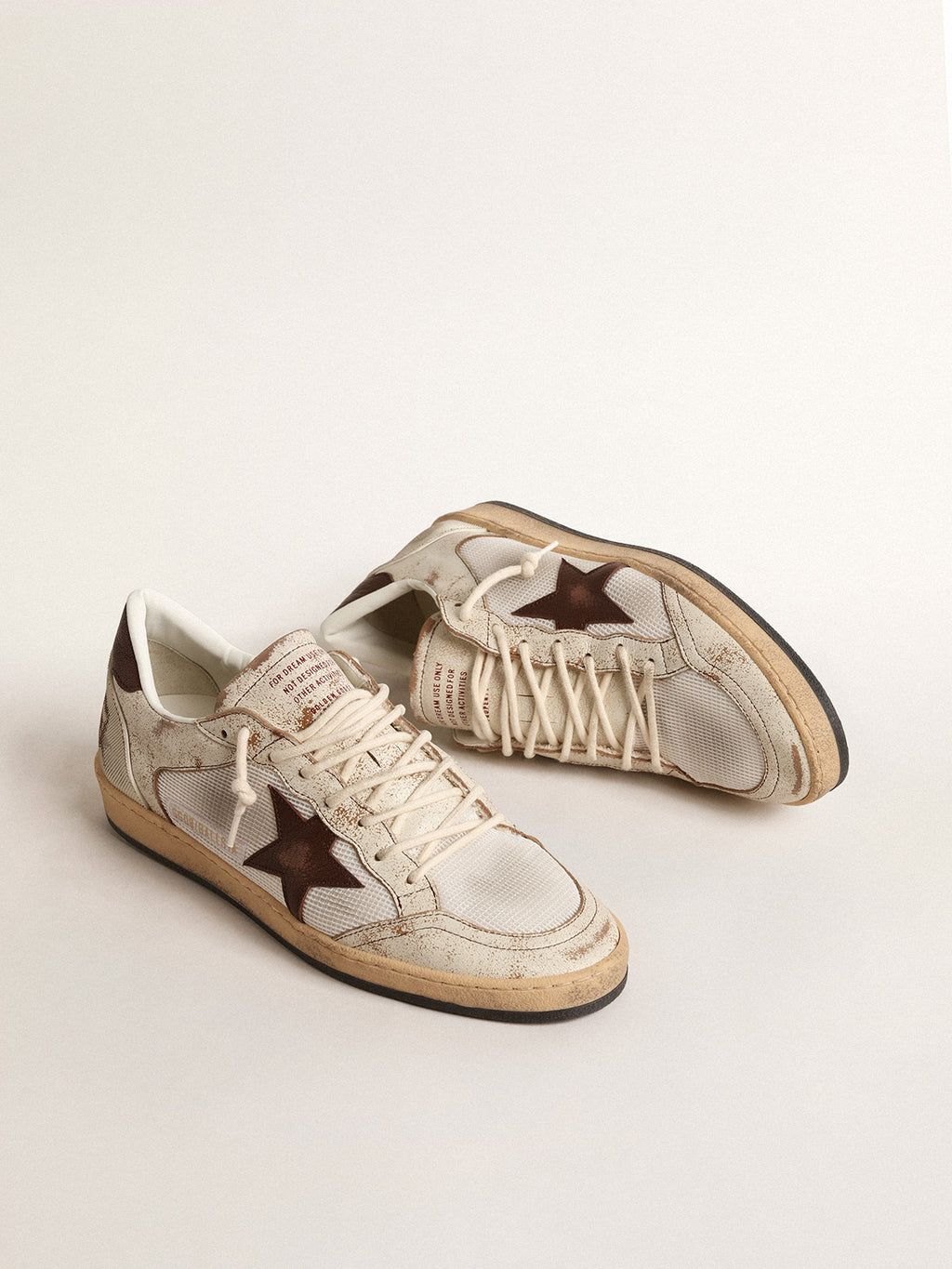 Ball Star LTD in ecru leather and white mesh with brown star| Golden Goose