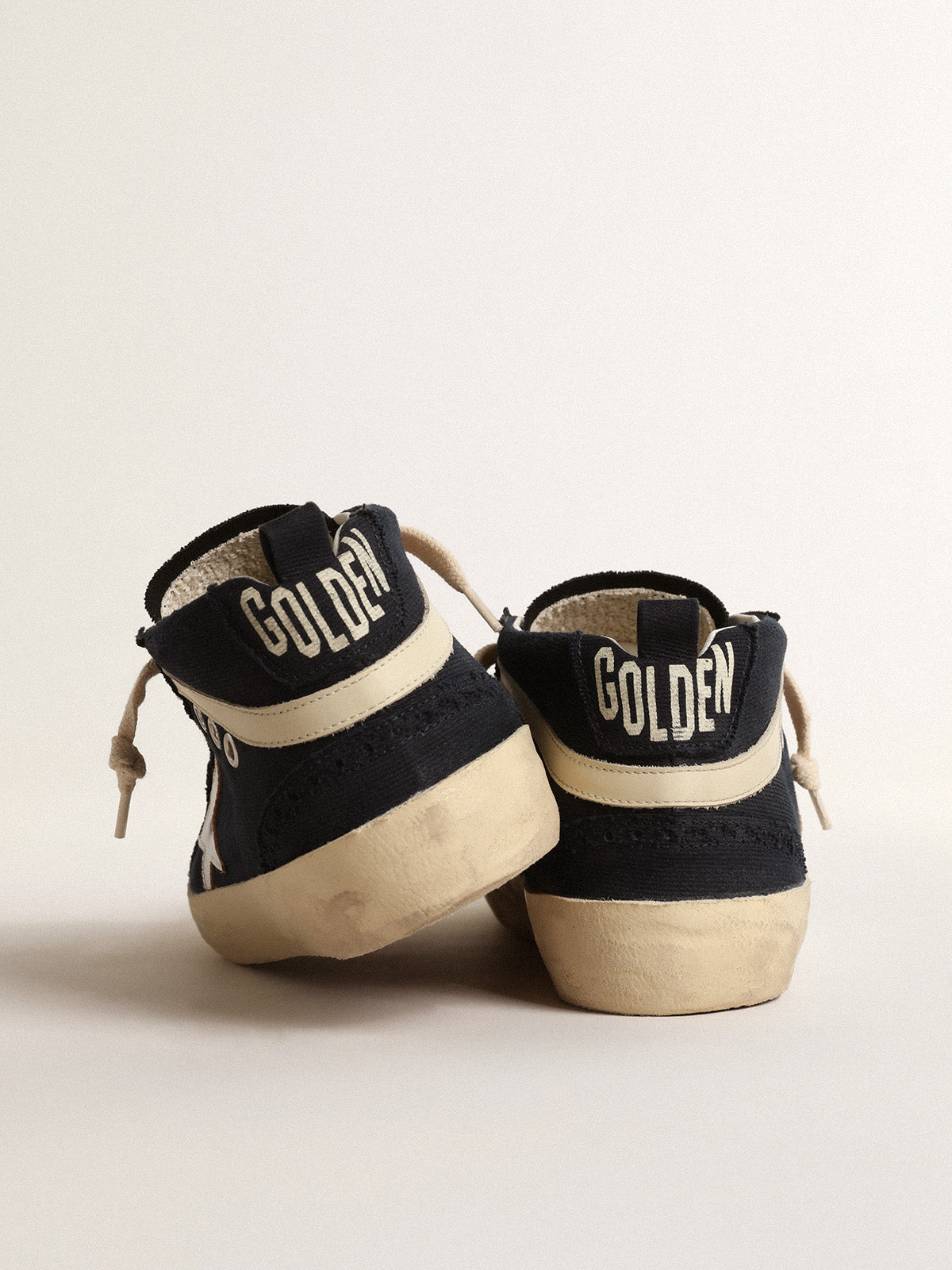 Mid Star in blue cotton with silver star and leather flash| Golden Goose