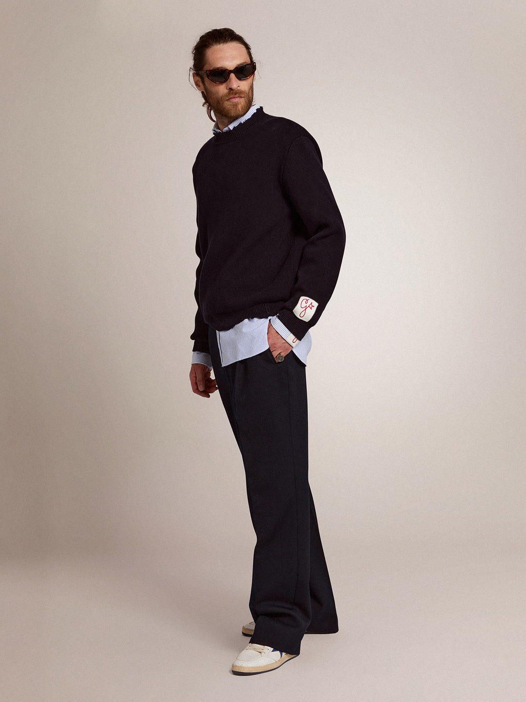 Men's round-neck sweater in dark blue cotton| Golden Goose